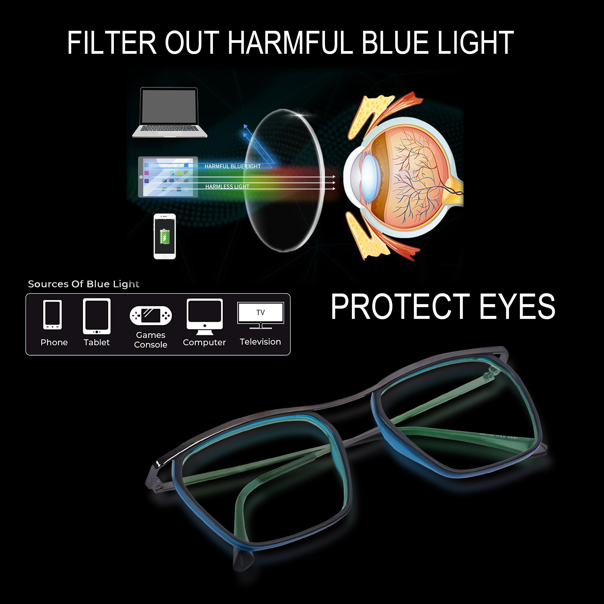 Black & Blue Square Rimmed Eyeglasses - L1543